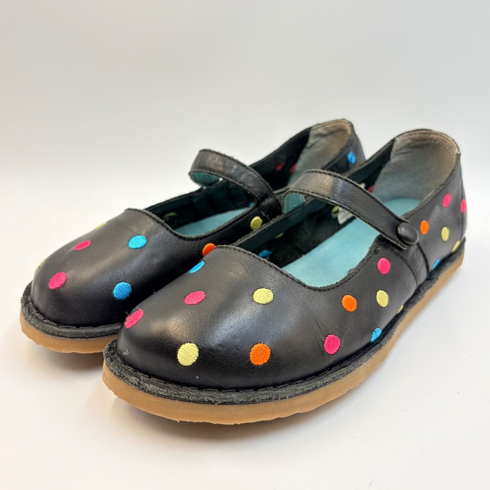 Gudrun Sjoden Black Leather Embroidered Polka Dot Mary Jane Flats EU37 US6.5